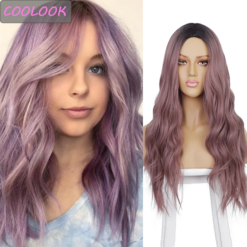 

Purple Natural Wave Wig 24 Inch Long Wavy Cosplay Lolita Wig Middle Part Synthetic Fibre Fake Hair Body Wave Wig for Black Women