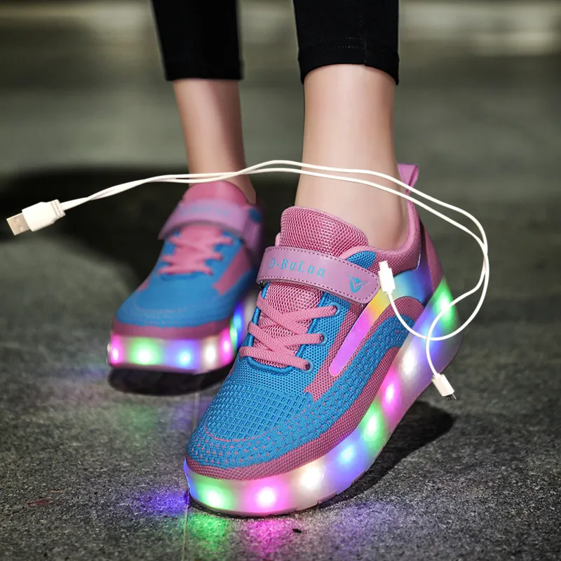 

Children One Two Wheels Luminous Glowing Sneakers Gold Pink Led Light Roller Skate Shoes Kids Led Shoes Boys Girls USB Charging