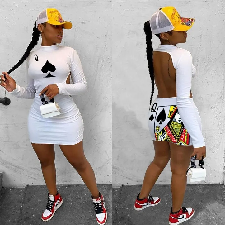 

Summer Women Dress Hot Style Model Solid-color Poker Spades Q Print Long Sleeves Backless Sexy Bodycon Dress