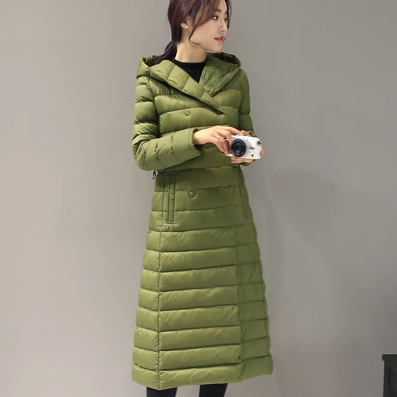 Куртка женская осень-зима Новинка длинное тонкое с подкладкой капюшоном поясом