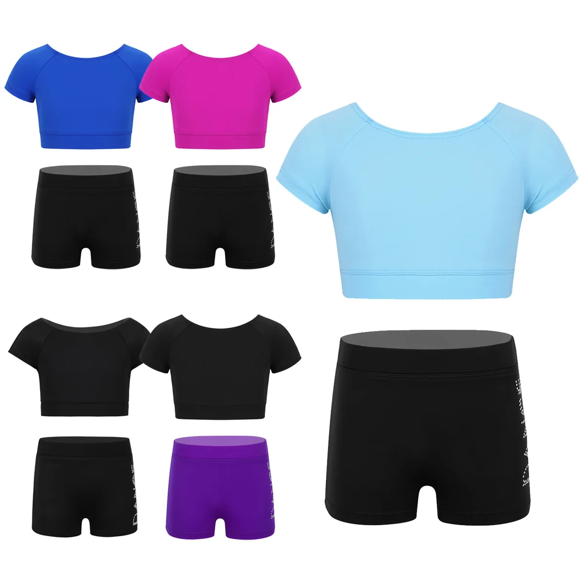 TiaoBug Girls Black Short Sleeve Tankini Crop Top Shorts Set Child Ballet Dance Sports Workout Gymnastics Suits Kids Wear | Тематическая