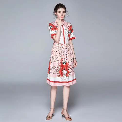 

Summer Runway Fashion Elegant Pink Sweet Dress Women's Short Sleeve Lapel Floral Printed Single-Breasted Knee-Length Dresses
