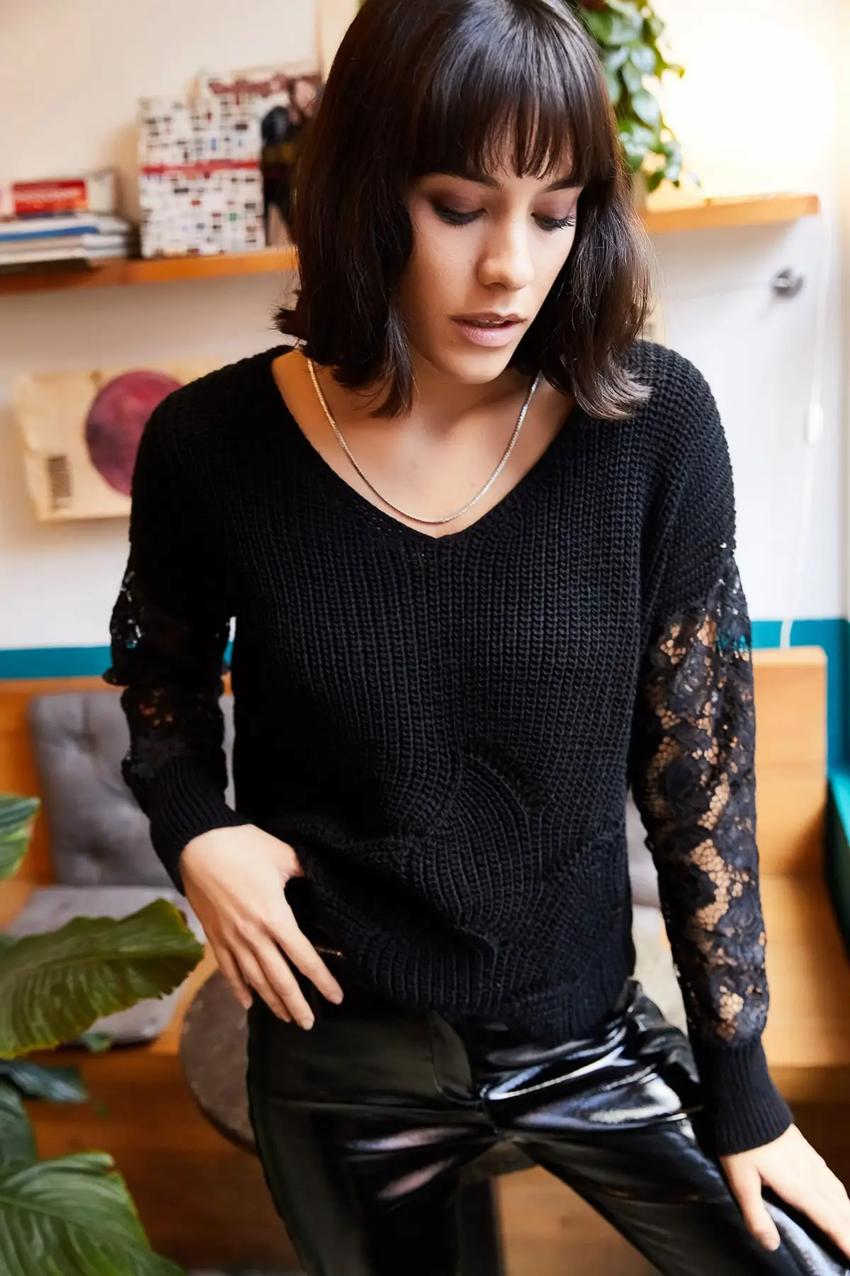 Women Black Sleeve Knitted Sweater Lacy openwork Women Sweater 2021