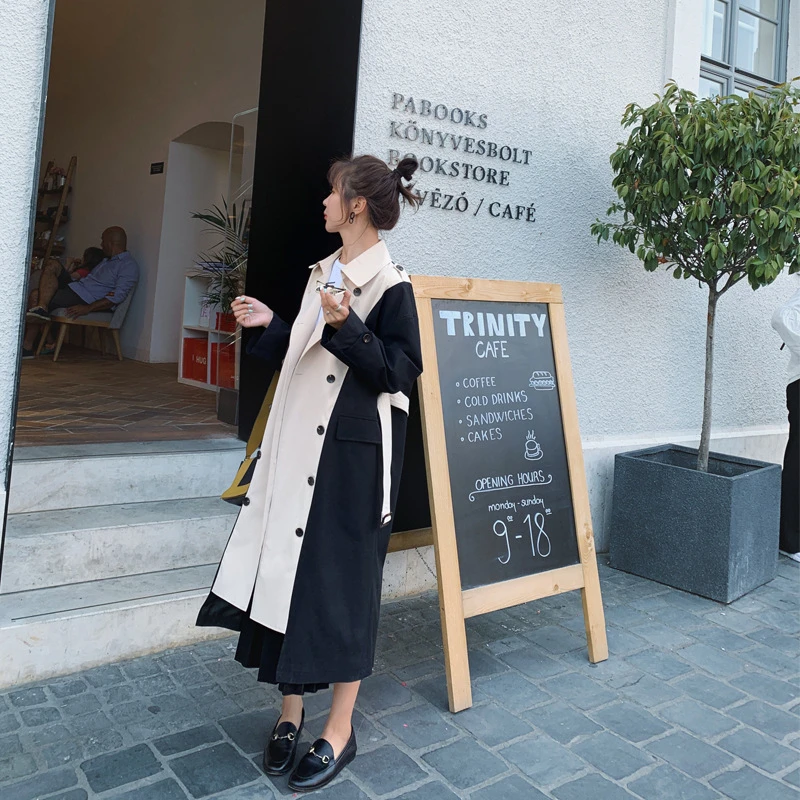 2021 Новинка весны Осенняя однобортная Цвет блок из кусков ветровка длинное пальто