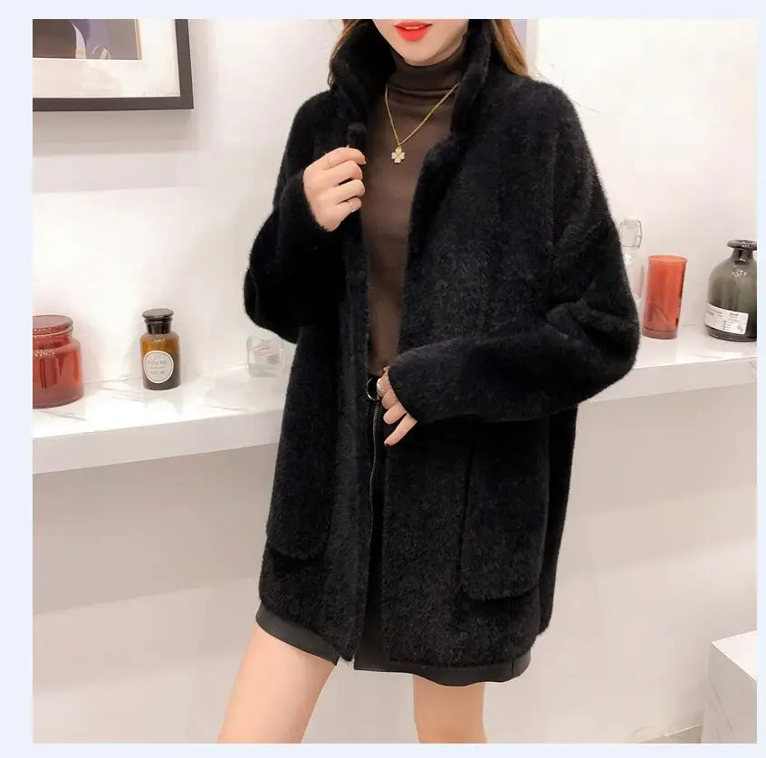 D00773 black Женский Кашемир под норку пальто осень зима корейский Свободный супер мягкий свитер с разноцветной отделкой Женский вязаный кардиган пальто толстое - Цвет: D00773 black
