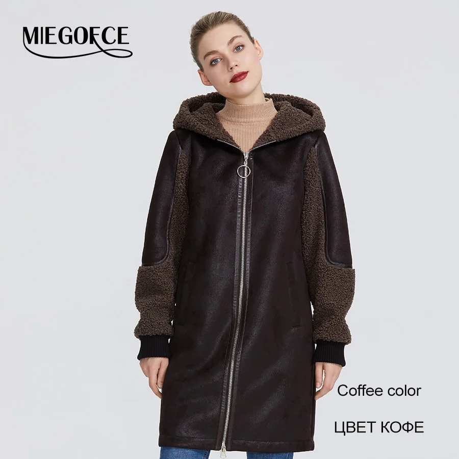 008-Coffee Color MIEGOFCE Новая зимняя женская коллекция куртка из искусственного меха женский необычный дизайн женской пальто- дубленки сшит из двух тканей и куртка зима выделяет свой особенный стиль необычные расцветки - Цвет: 008-Coffee Color