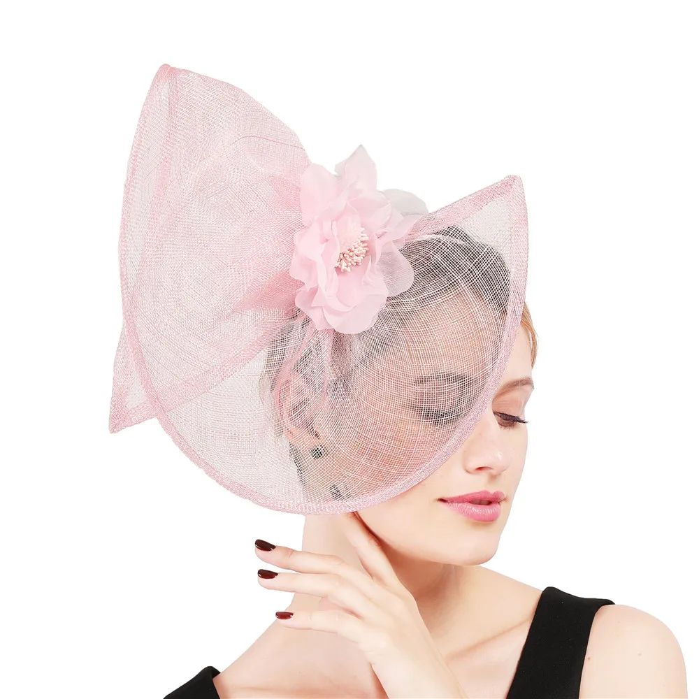 

Sinamay Fascinator Hat Pink Wedding Holiday Mesh For Women Feather Silk Flower Party Church Tea Derby Fedora Pillbox Hats XMF341