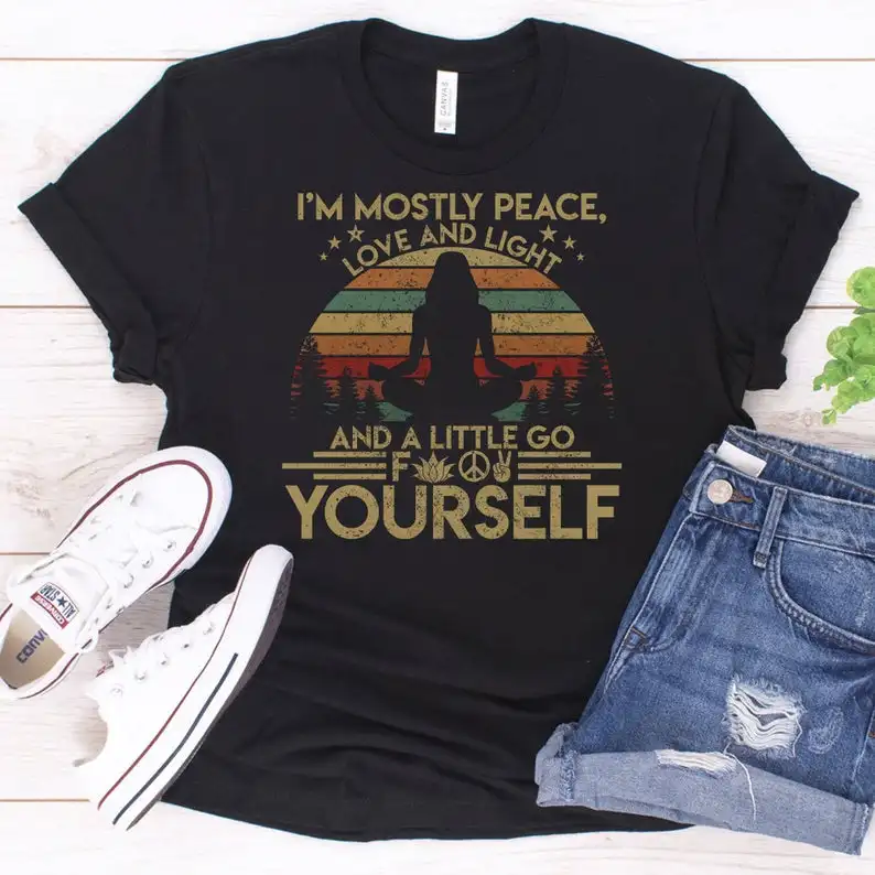 

Im Mostly Peace Love And Light Christian Shirt Streetwear 100% Cotton Color printing Graphic O neck Tshirt Ladies Drop shipping