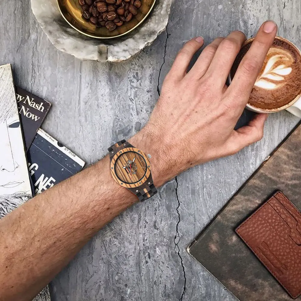 

Fashion Watches for Men Ebony Zebrawood Red Sandalwood Zebrawood Five Beads Skeleton Movement Wooden Watch