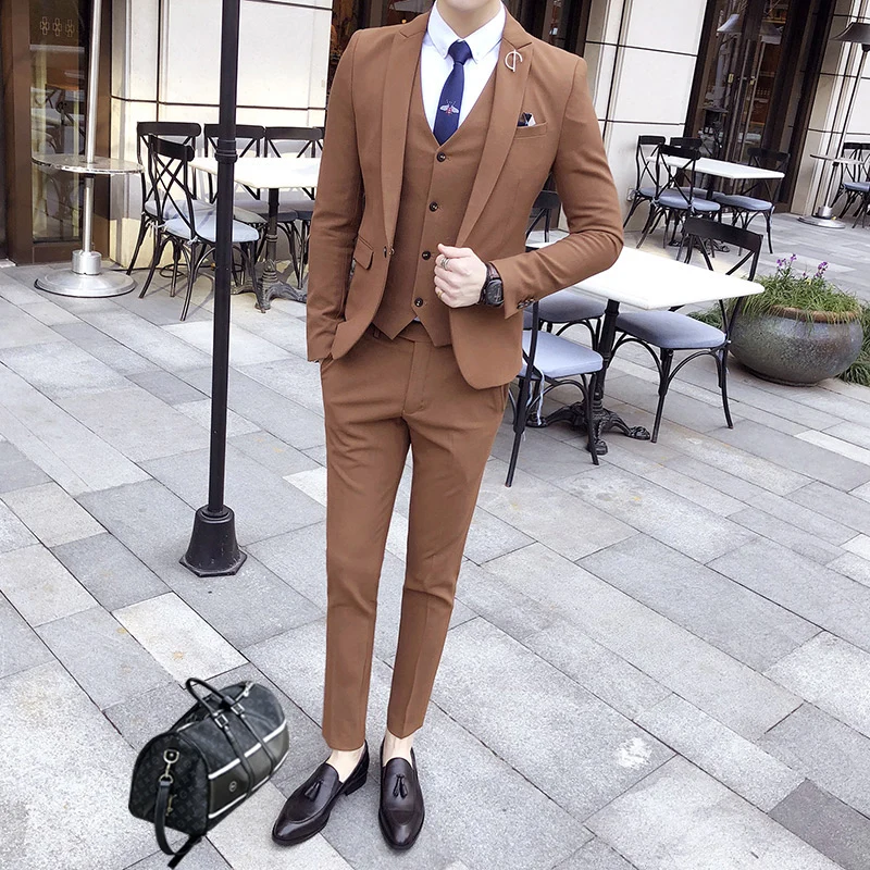 

Three Piece Smart Casual Men Suit British style Business Chic Classy Suits One Button Slim Fit Blazer Pants Vest Costume Homme