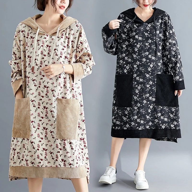 Вельветовое винтажное платье с длинным рукавом и цветочным принтом размера плюс