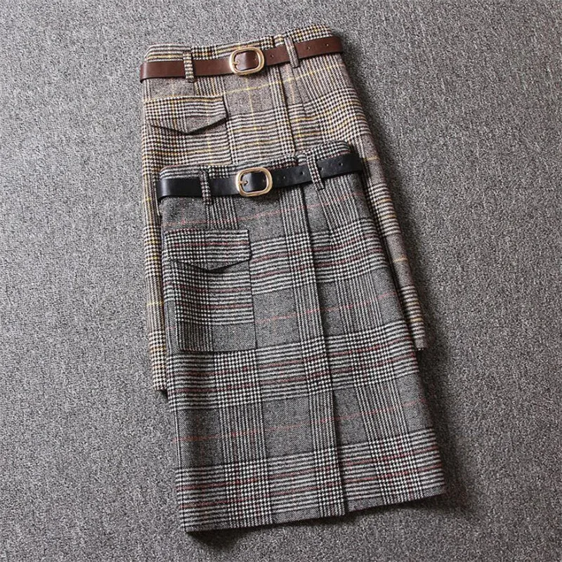 

2021 Autumn Winter New Korean Woman woolen Plaid Skirt Female Mid-length High Waist Split A step Bag Hip Midi Skirt