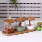 Стеклянные банки для специй, кухонные контейнеры для приправ с бамбуковой крышкой и деревянными ложками, банки для хранения искусственных предметов, кухонный Органайзер, инструменты