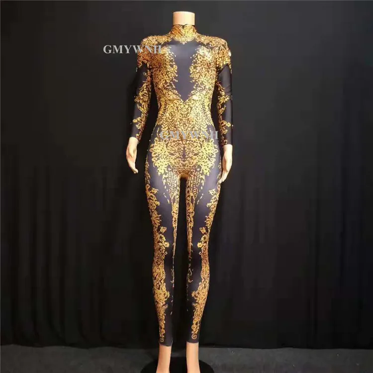 W82 сексуальное платье для танца на шесте Стразы комбинезон золотистого и черного