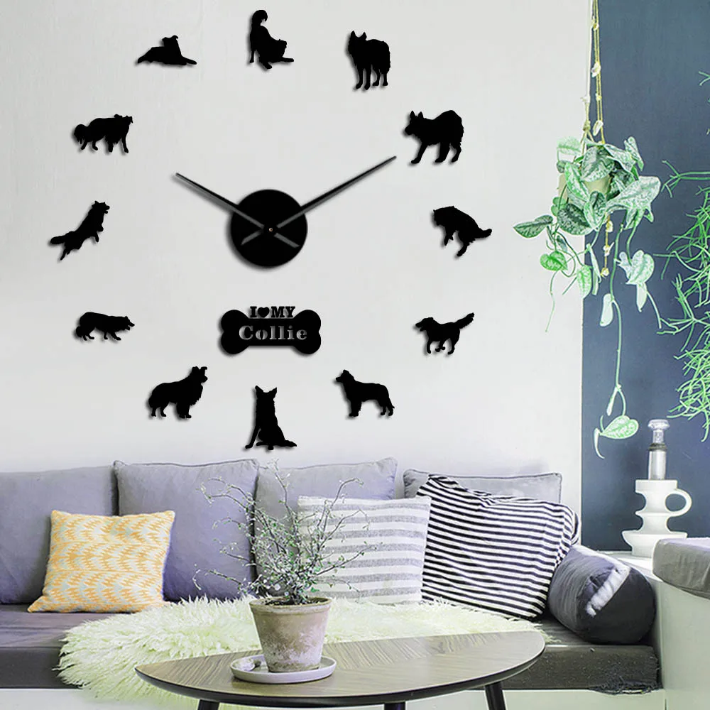 

Collie Dog Animal 3D DIY Wall Clock Border Colly Silhouette Acrylic Mirror Sticker Mute Clock Watch