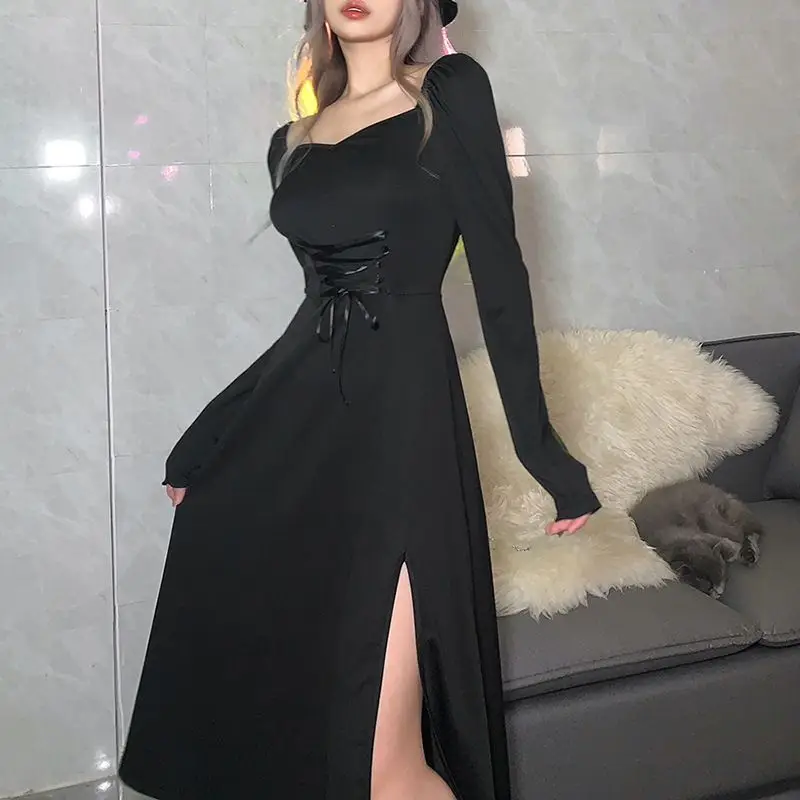 

Long Sleeve Dress Women Black Patchwork Dress 2022 Autumn New Fashion American Slimming High Waist Solid A-line Maxi Dress Trend