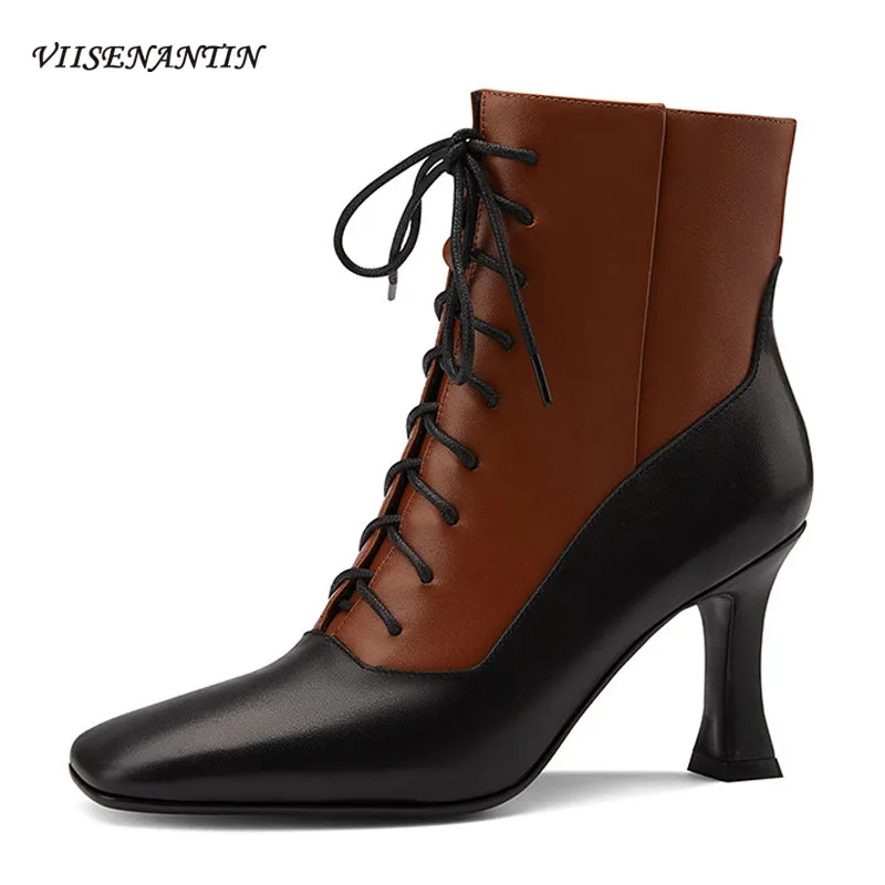 

Ботинки женские короткие с квадратным носком, кожаные сапоги на высоком каблуке, с молнией сбоку, на шнуровке, в французском ретро стиле, Осе...