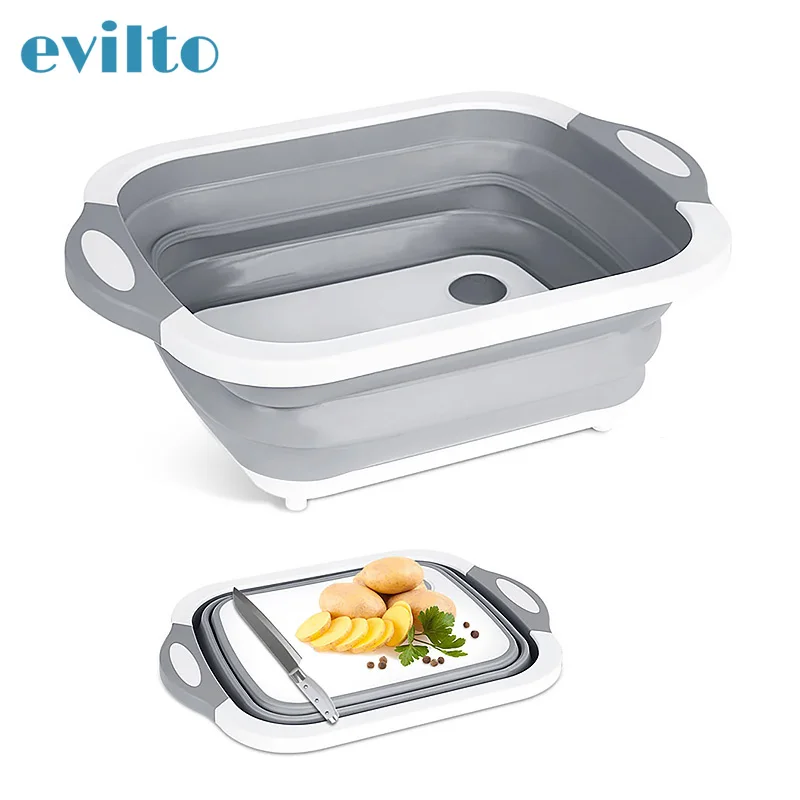 

Folding Chopping Board Home Storage Basket Collapsible Dish Tub with Drain Cuting Board Colander Kitchen Tool Vegetable Washing