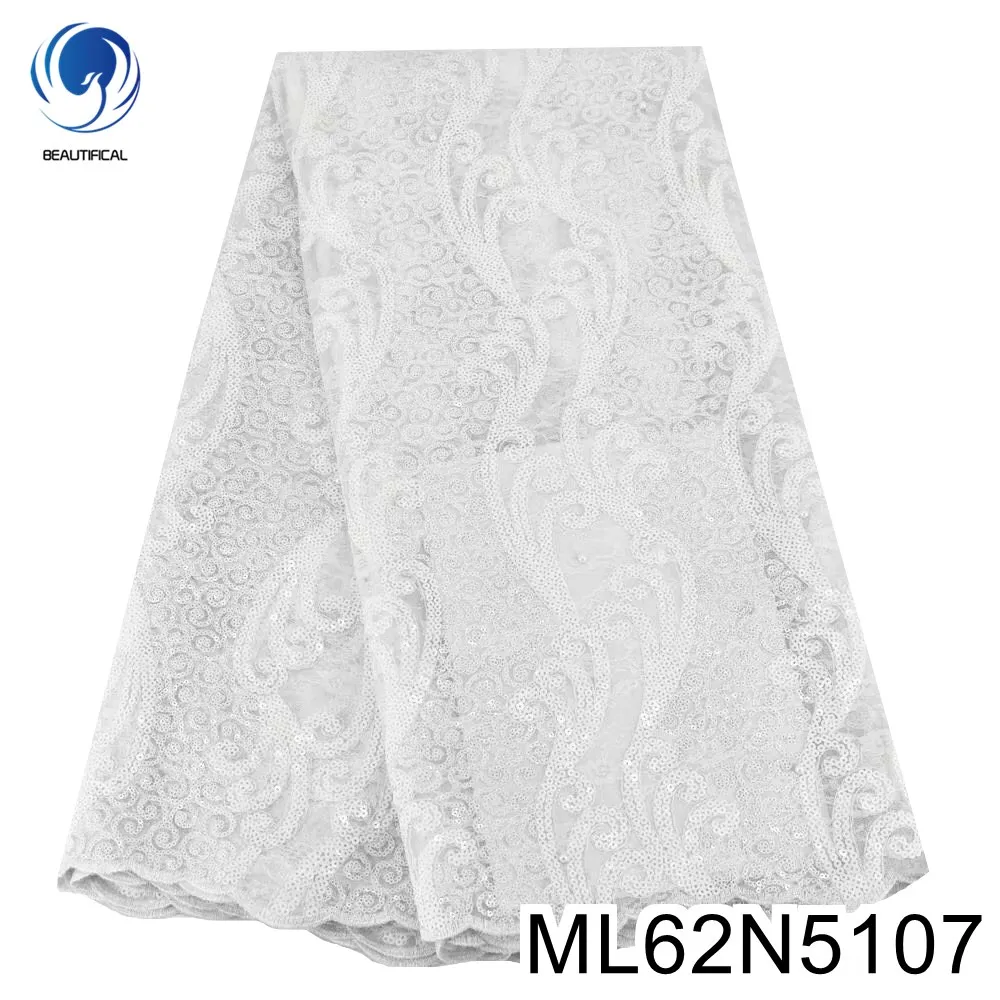 

BEAUTIFICAL white lace sequins 5 yards french net lace fabrics for dress nigerian wedding tulle laces sewing ML62N51