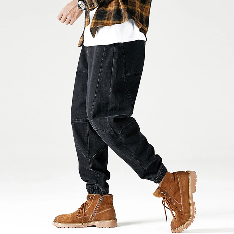 

Fashion Streetwear Men Jeans Loose Fit Spliced Designer Denim Cargo Pants Homme Black Blue Harem Pants Hip Hop Jeans Men Joggers