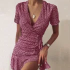 Женское богемное Платье на шнуровке, сексуальное платье в горошек с цветочным принтом и V-образным вырезом, вечерние платья, винтажные пляжные платья