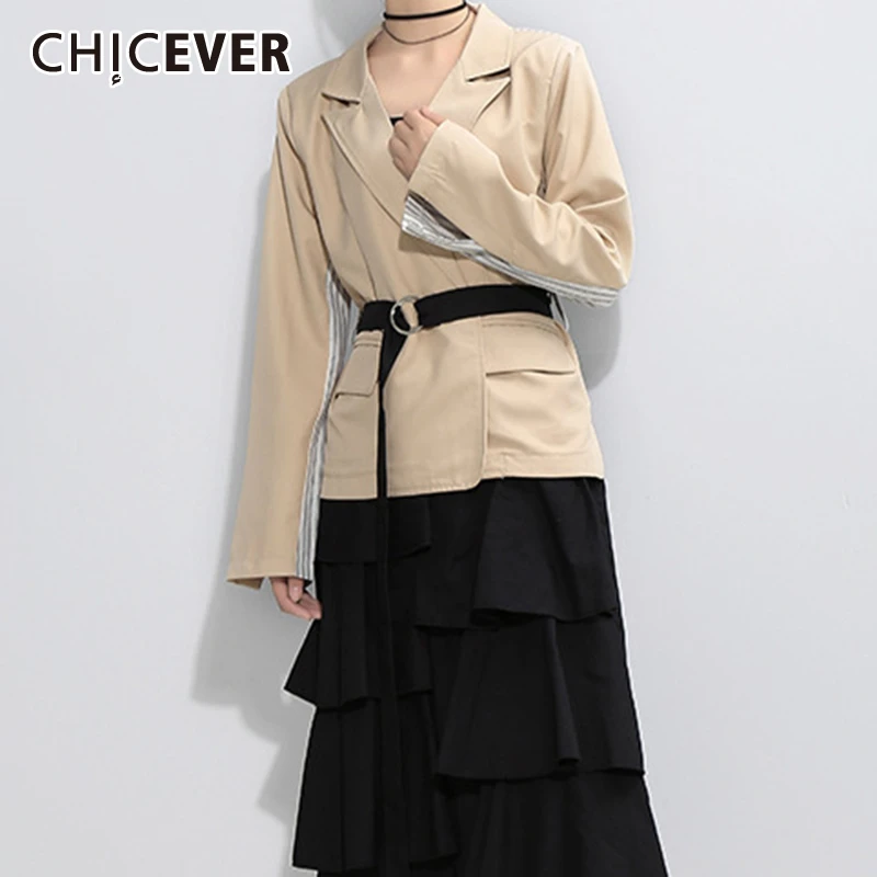 

CHICEVER Korean Patchwork Striped Women's Blazer Notched Long Sleeve High Waist Sashes Hit Color Female Blazers 2020 Autumn New