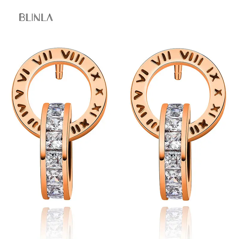 

BLINLA Fashion Luxury Korean Roman Numerals Stud Earrings for Women New Stainless Steel Gold Silver Color Zircon Earring Jewelry