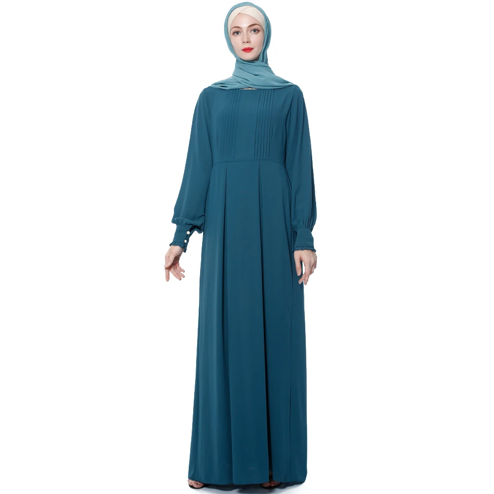 Women's Frilled Bishop Sleeve Maxi Dress Round Neck Simple Plain Chiffon Long Dress Muslim Abaya Robe Formal Wear