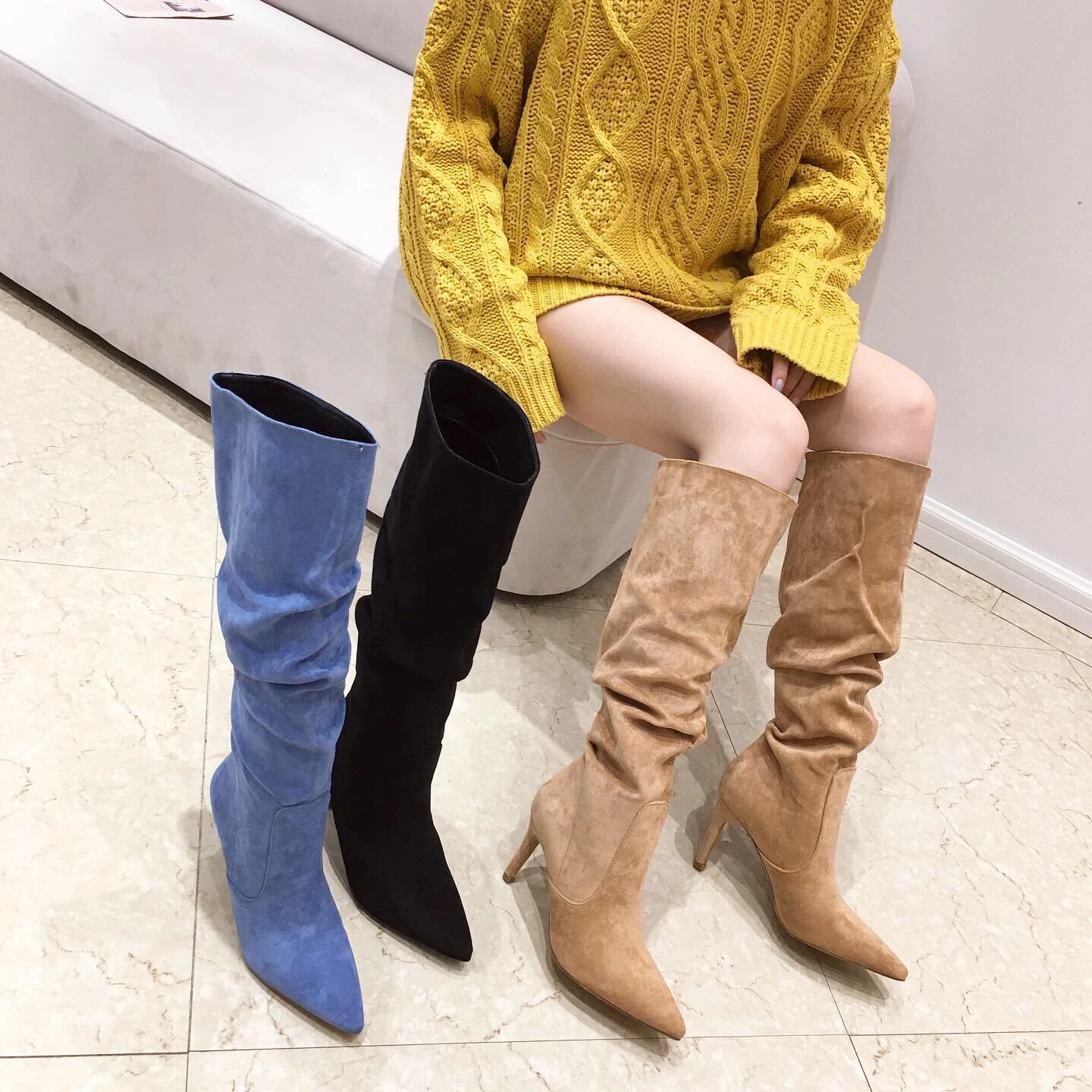 

Fashion Women Knee Boots Flock Pointed Toe Thin High Heels Botas Elegant 2021 New Arrivals Winter Booties Sock Boots Woman 35-41