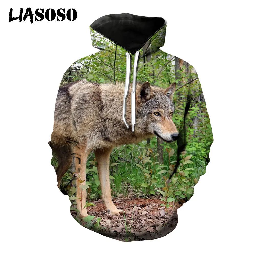 

LIASOSO 2021 Wolf Animal 3D Print Hoodie Hip Hop Cool Pullovers Tops Loose Long Sleeves Autumn Man Clothe