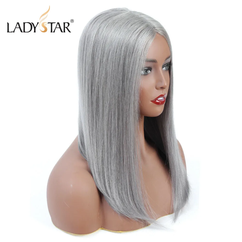 LADYSTAR Человеческие волосы Remy, парики 150% плотности для женщин, серый цвет, парики, длинные волосы, прямые, средняя длина, парик