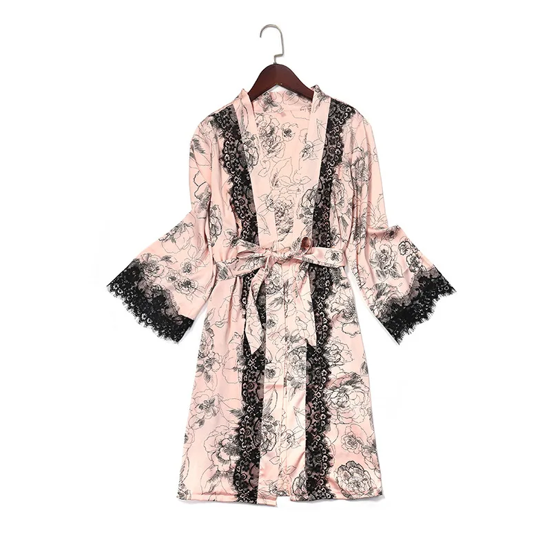 

2PCS Sleepwear Female Kimono Robe Satin Sexy Lace Nightwear Bathrobe Print Flower Nightgown Sleep Set Silky Intimate Lingerie