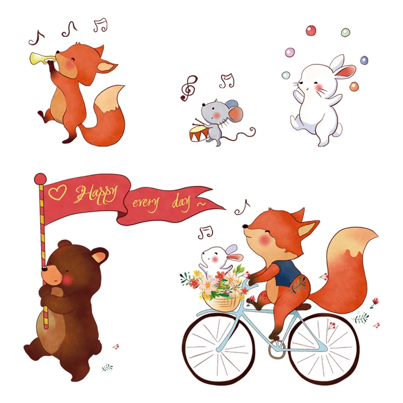 

Cartoon Animals Band Wall Stickers for Kids Room Nursery Decoration Mural Cute Bear Fox Art Decals Decor Kindergarten Wallpaper
