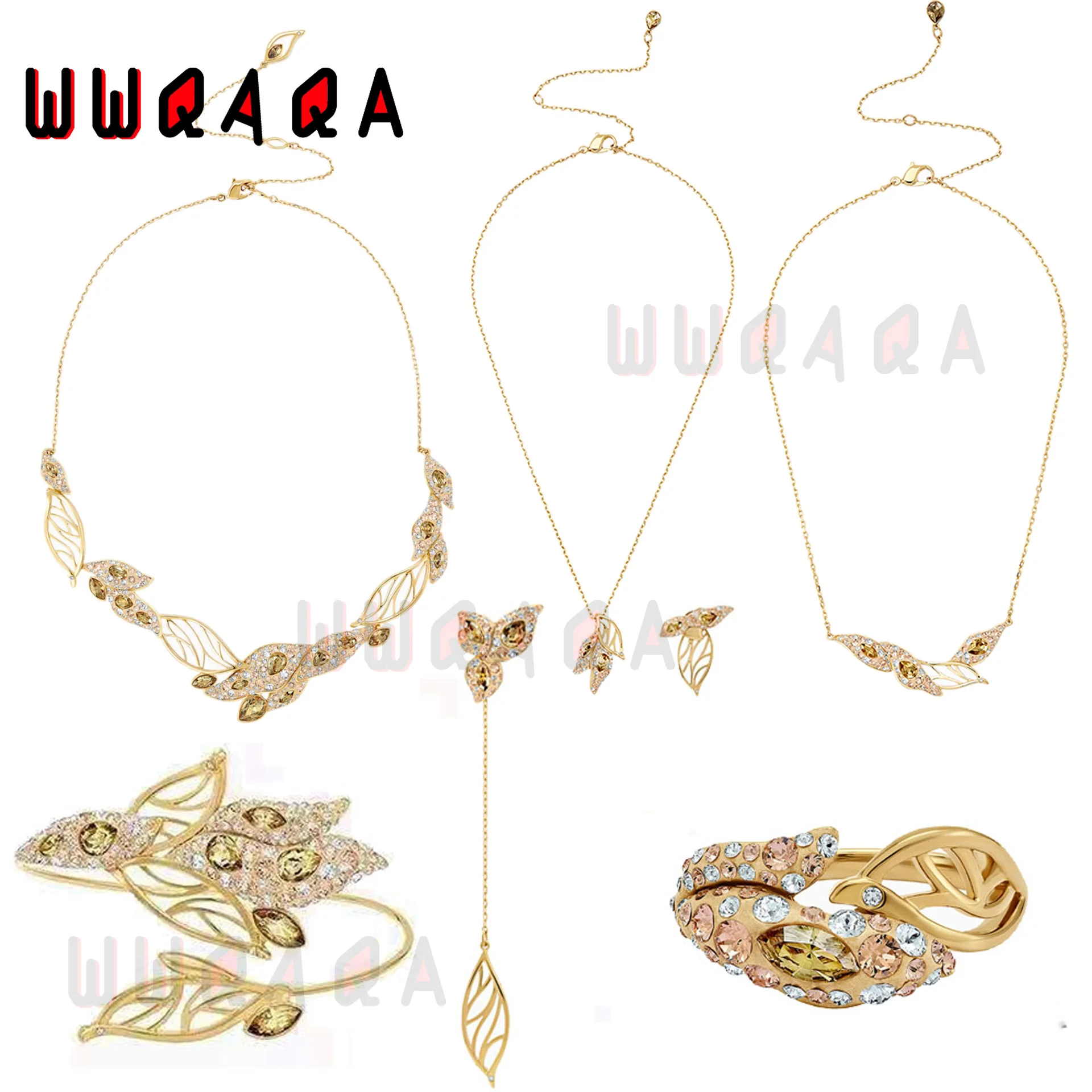 

SWA Fashion Jewelry Original Elements Necklace Bracelet Ring Set Golden Petal Decoration Crystal Lady Jewelry Romantic Gift