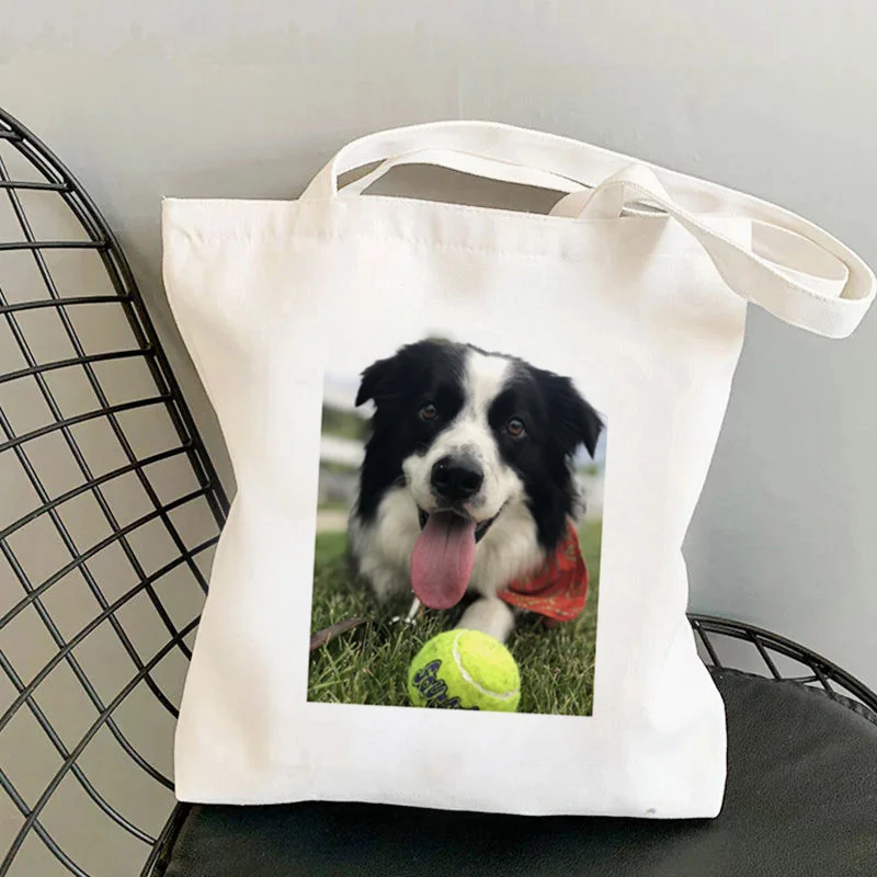 

2021 Shopper Baseball Border Collie Printed Tote Bag women Harajuku shopper handbag girl Shoulder shopping bag Lady Canvas Bag