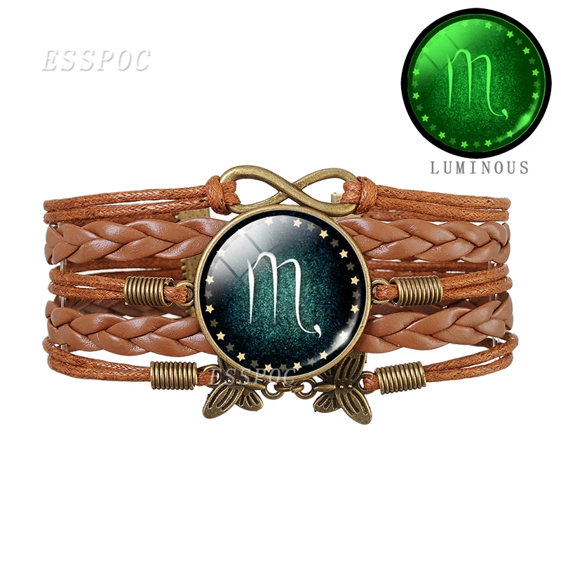 Светящийся в темноте браслет со знаком зодиака 12 созвездий стеклянный кабошон