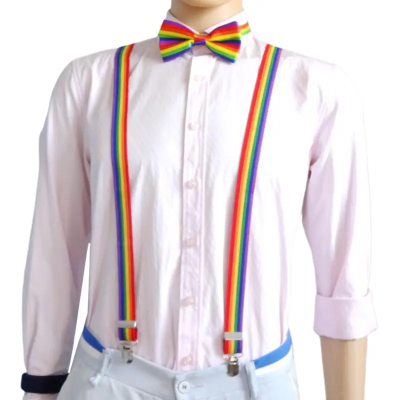 

Men Women 3 Piece Rainbow Striped Costume Set Y-Back Suspenders Bow Tie Necktie