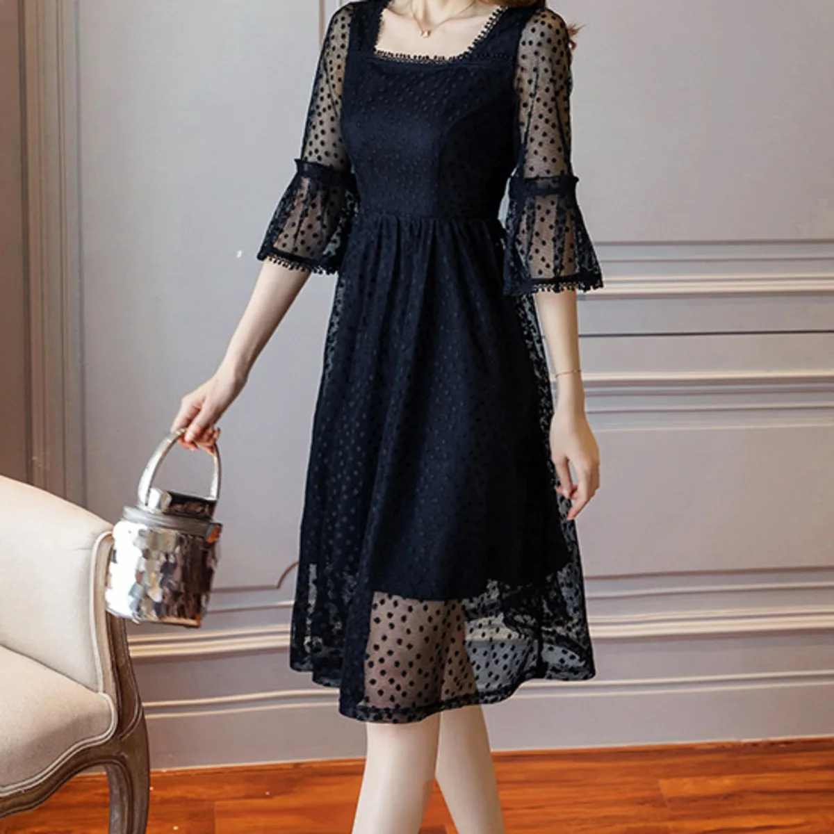 

Элегантное платье с квадратным вырезом BacklakeGirls 3/4, с расклешенными рукавами, с принтом в горошек, Сетчатое кружевное лоскутное коктейльное п...