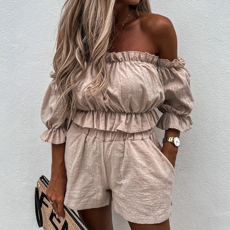 

Sexy Women Off Shoulder Shorts Sleeve Crop Tops High Waist Shorts Pants Pocket Causal Outfits Two Piece Sets Summer Streetwear
