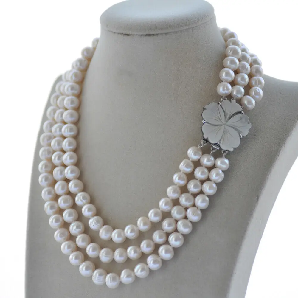 

3row 18" 19" 20" 9~10mm White Round Freshwater Pearl Necklace
