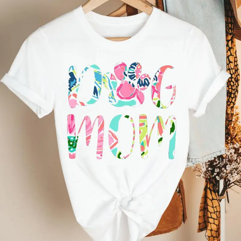 

Футболка женская с коротким рукавом, милая Модная рубашка с принтом собаки, с надписью и цветочным принтом, с мультяшным графическим принто...