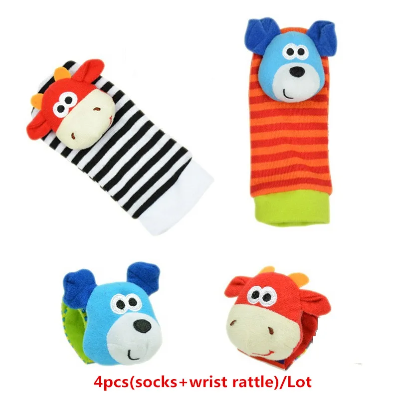 4pcs-C Носки для новорожденных с героями мультфильмов, милые детские носки с ремешком на запястье, детские игрушки, носки с животными для малышей 0-24 месяцев, плюшевые игрушки, подарки, Мягкая погремушка для малышей - Цвет: 4pcs-C