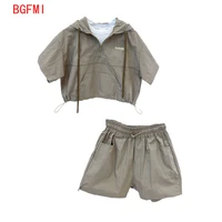 kids children clothing summer clothes 2021 baby boy suit short sleeved fake two piece hoodie shorts 2 pcs set with drawstring