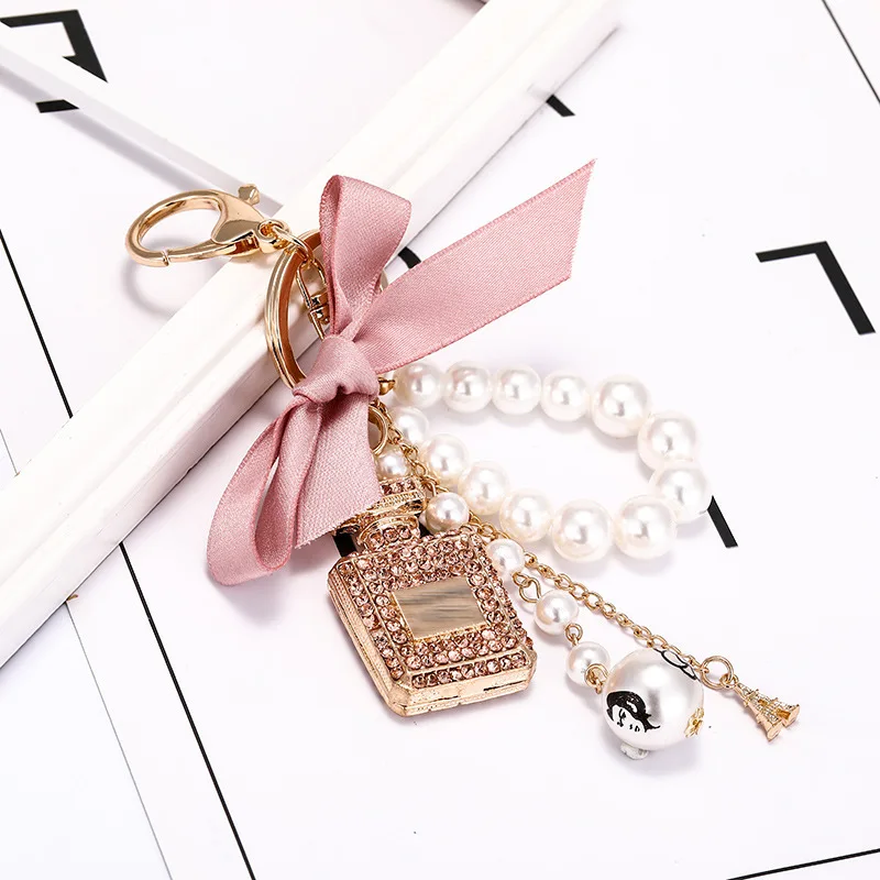 Imitation Pearl Perfume Bottle Keychain - Car Key Ring Holder, Bag Charm Pendant, Bow Fashion Keyring Accessories image 3