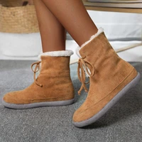 women cute snow boots ladies shoes winter flats casual lace up plush warm students ankle boot woman fashion plus size female new