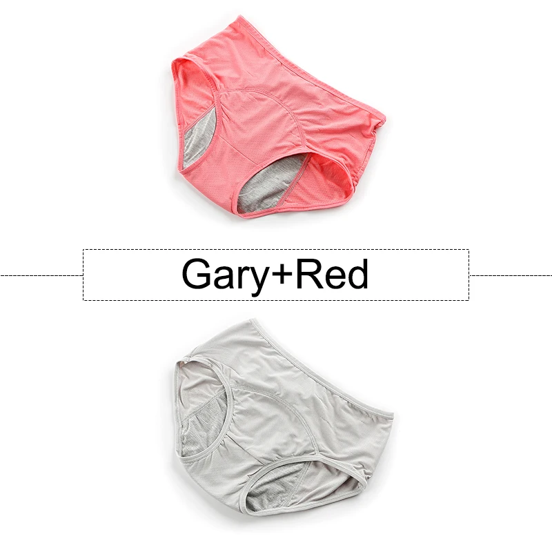 Gray Red 2 шт./партия, хлопковые менструальные трусики, герметичное нижнее белье для женщин с высокой талией, бесшовные трусы с дышащими отверстиями, большие размеры - Цвет: Gray Red