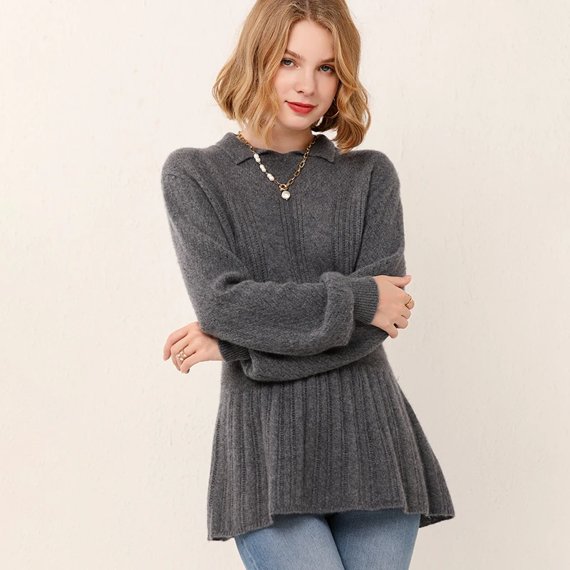 

100% Pure Wool Cashmere Sweater Ladies Lapel Pullover Casual Knitted Jacket Autumn and Winter Plus Size Female Jacket Skirt