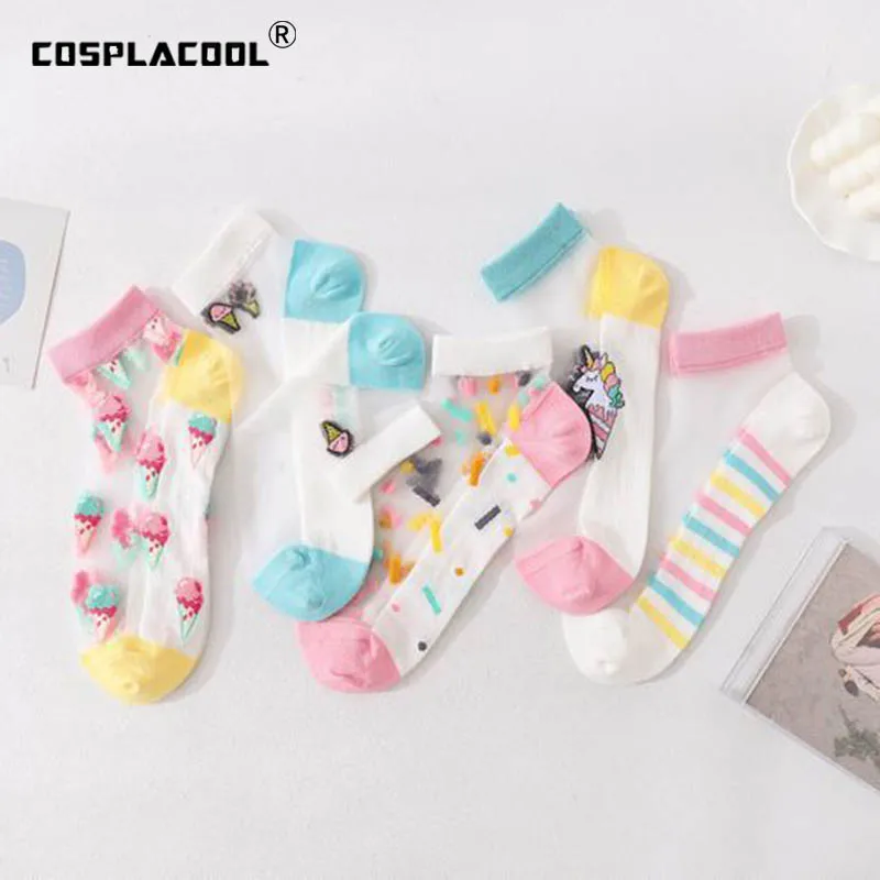 

Thin Crystal Lace Funny Socks Transparent Cute Ice Cream Glass Silk Socks Woman Skarpetki Kawaii 5 Color Calcetines Mujer Meias