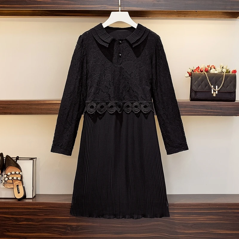 

Женское элегантное кружевное платье, модель 4XL на осень и зиму, короткое платье с длинным рукавом и круглым вырезом, кружевное лоскутное пла...