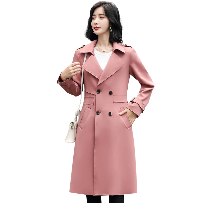 

WEIHAOBANG 2021 Autumn New Women Windbreaker Solid Color Lapel Double Row Button Pocket Loose Casual Large Medium Long Coat